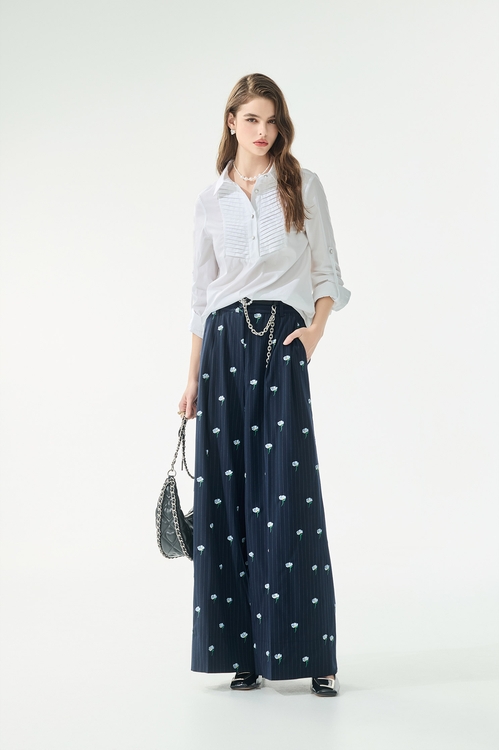 抓褶裝飾彈性長袖襯衫,珍珠