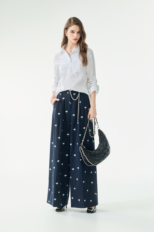 抓褶裝飾彈性長袖襯衫,珍珠