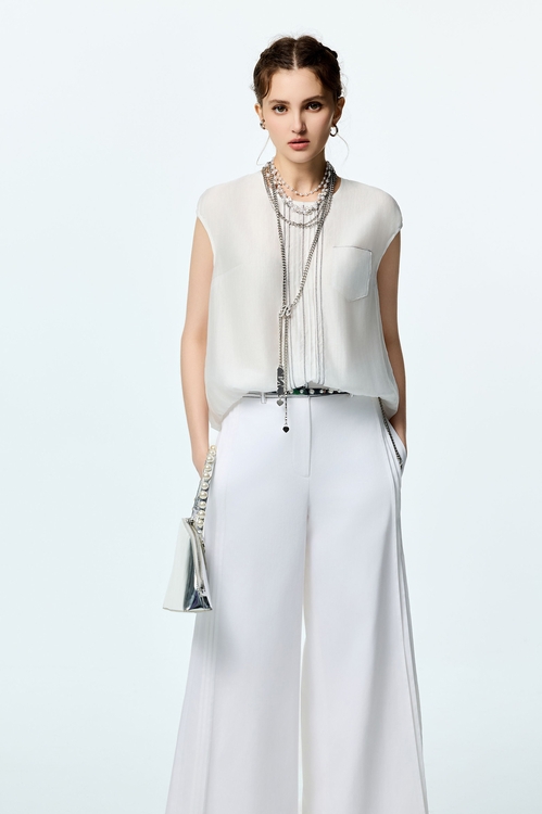 跳色裝飾門襟上衣,無袖上衣