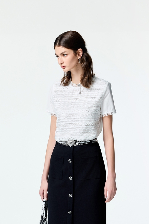 蕾絲拚條紋理上衣,蕾絲上衣