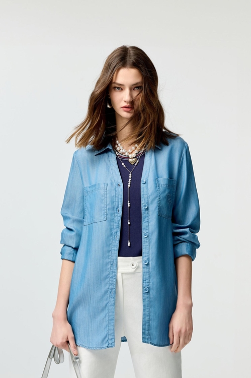 愛心刺繡天絲棉上衣,長版襯衫