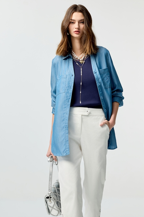 愛心刺繡天絲棉上衣,長版襯衫