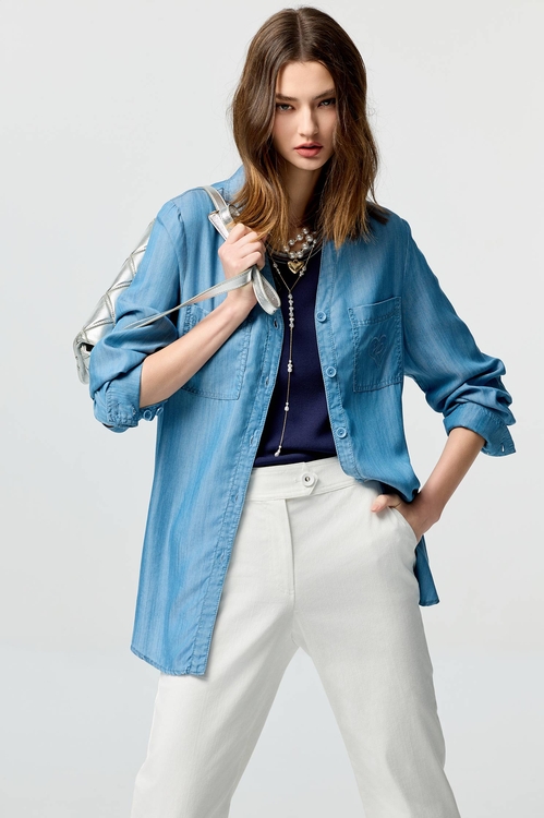 愛心刺繡天絲棉上衣,長版襯衫