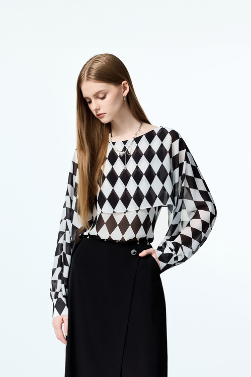 黑白菱形格紋連袖雪紡上衣,雪紡上衣
