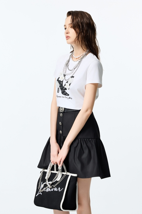 手工珍珠花飾短靴圖騰T恤,純棉