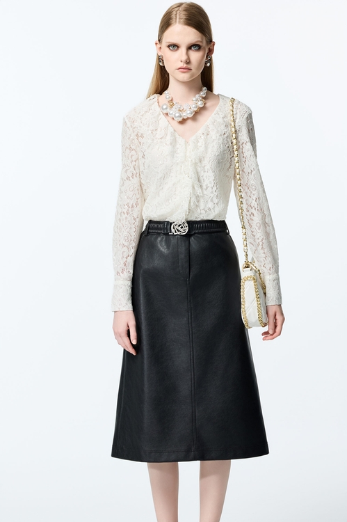 崁亮片繩骨睫毛蕾絲襯衫,襯衫