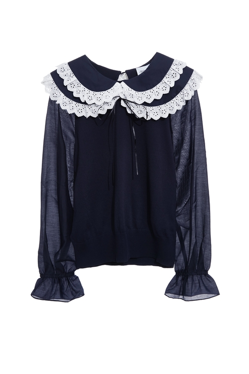 蕾絲領裝飾針織上衣,蕾絲上衣