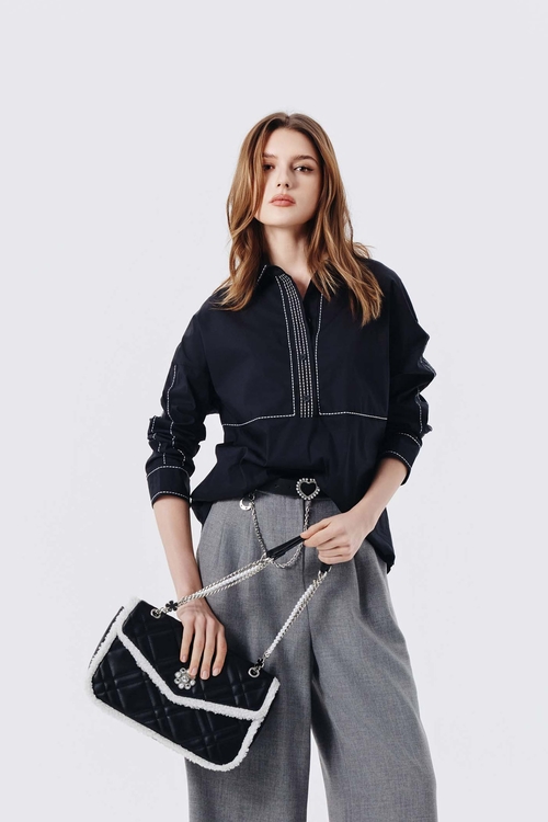 綴裝飾線半襟襯衫,襯衫