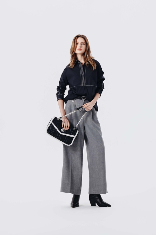 綴裝飾線半襟襯衫,襯衫