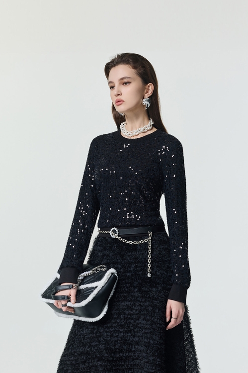 輕奢崁亮片彈性單品上衣,派對特輯