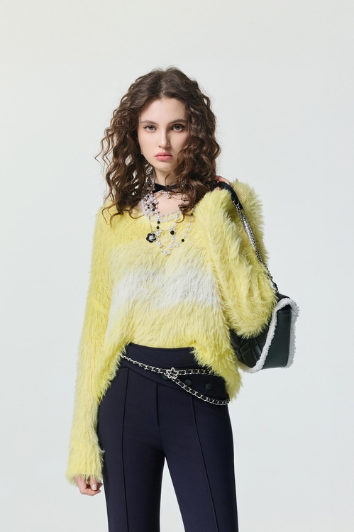 萊姆黃暈染長毛針織上衣,針織上衣