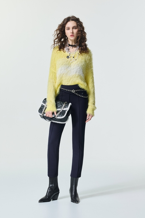 萊姆黃暈染長毛針織上衣,針織上衣