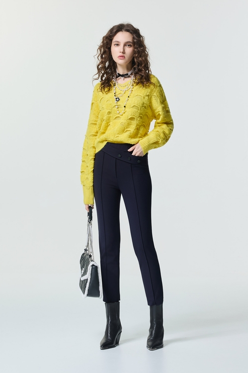 萊姆黃仿搖粒絨格紋針織,針織上衣