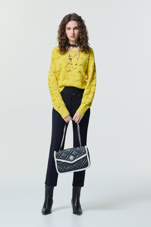 萊姆黃仿搖粒絨格紋針織,針織上衣