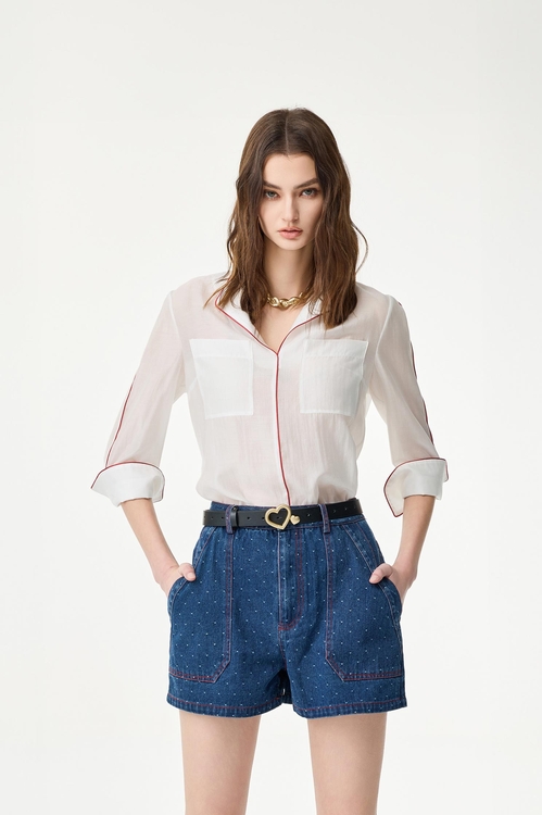 白絲棉撞色線七分袖上衣,透膚上衣