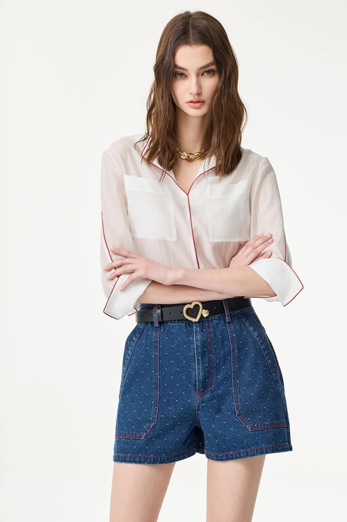 白絲棉撞色線七分袖上衣,透膚上衣