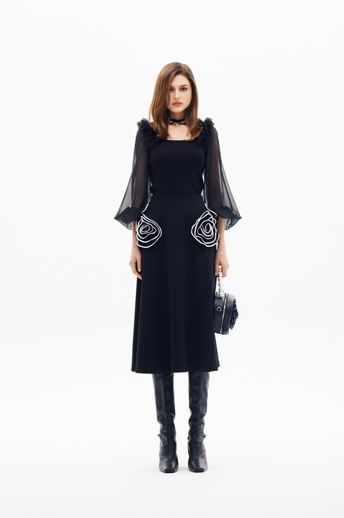 異材拼接荷葉針織上衣,黑色背心,黑色上衣