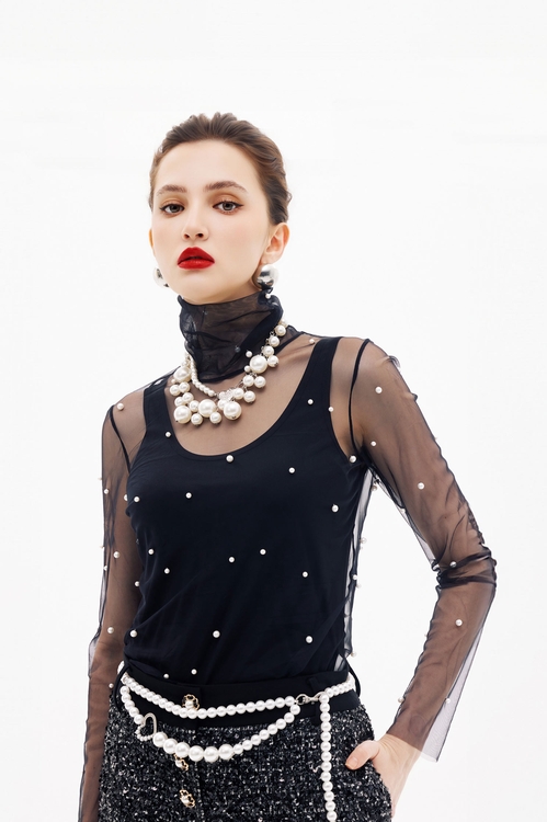 網布珍珠釘飾高領內搭,黑色背心,黑色上衣