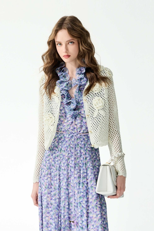 閃光手鉤花卉開襟針織外套,一般外套