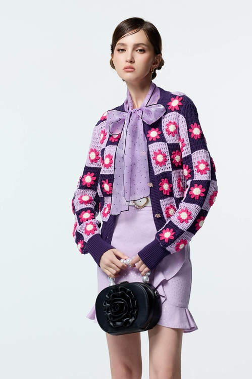 大麗花紫手勾針織外套,純棉