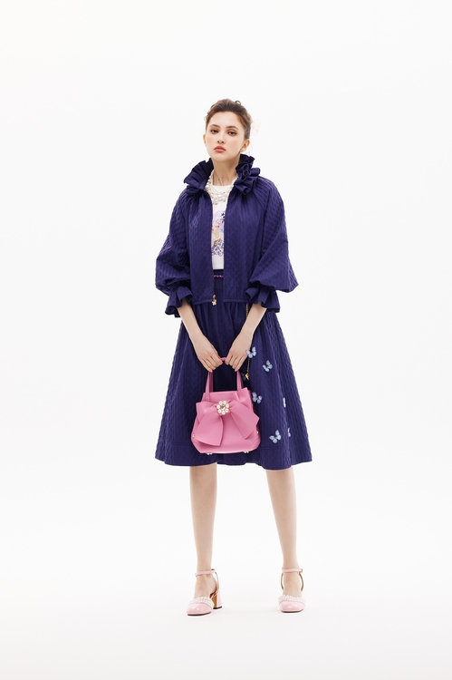 藍紫色立體褶皺外套,時髦成套搭配