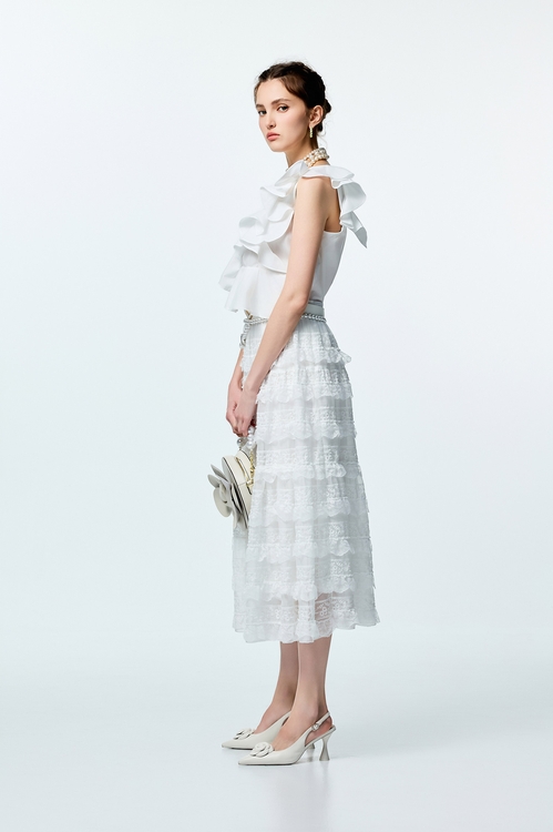 壓車花朵造型雪紡長裙,白色裙子