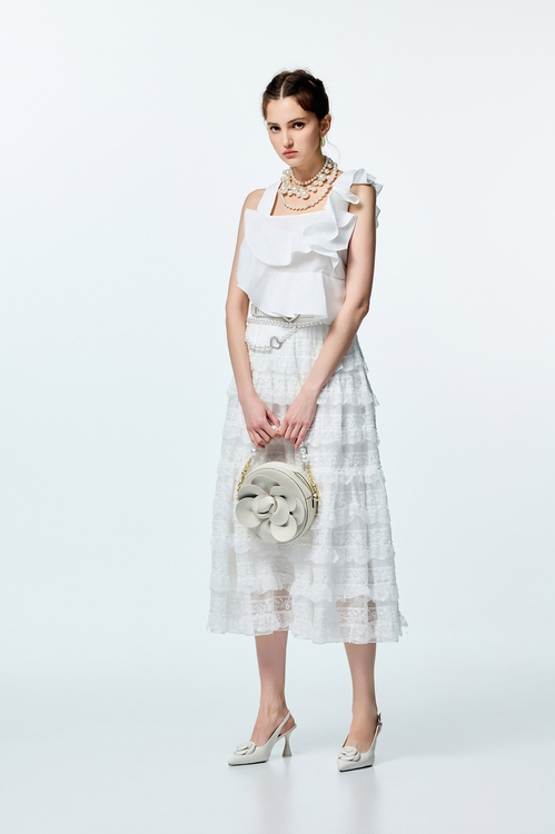 壓車花朵造型雪紡長裙,白色裙子