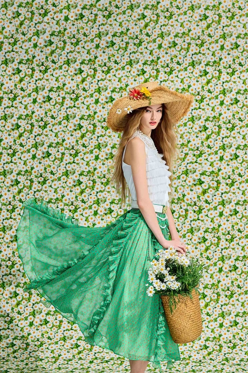 落日珊瑚點點雪紡長裙,雪紡裙