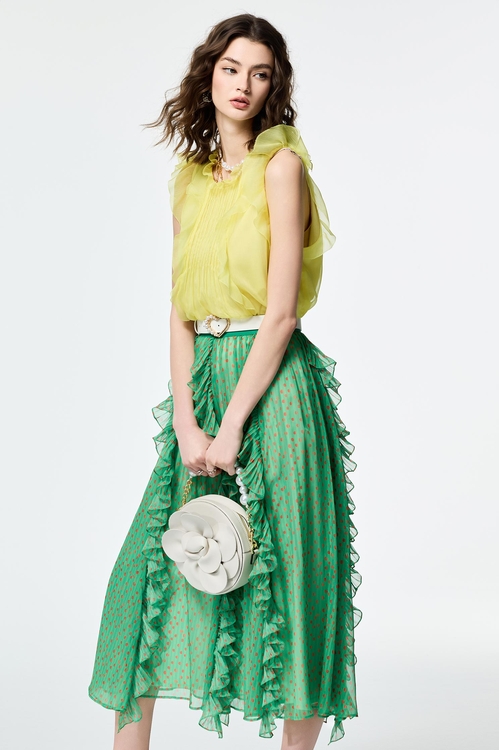 落日珊瑚點點雪紡長裙,雪紡裙