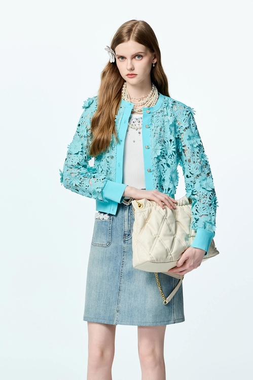 綴珠花邊牛仔中長裙,蕾絲裙