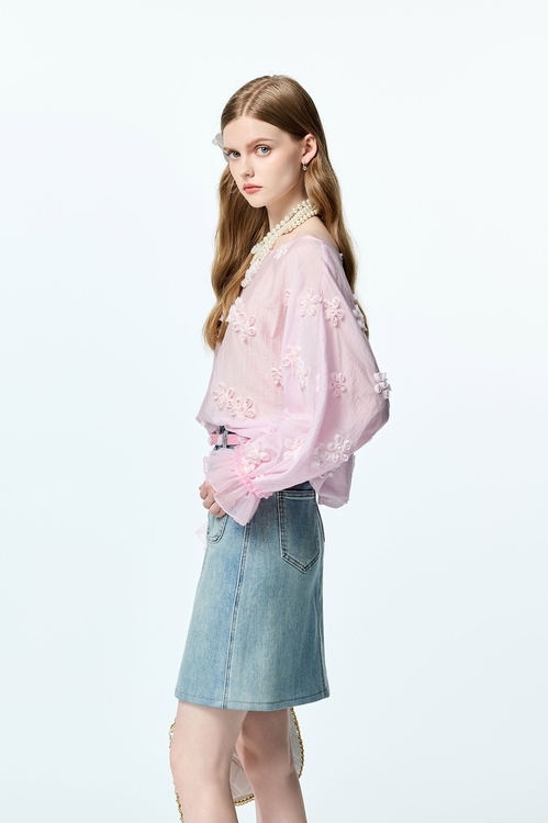 綴珠花邊牛仔中長裙,蕾絲裙