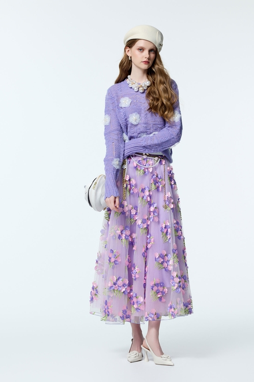 粉紫色立體花瓣刺繡長裙,紗裙