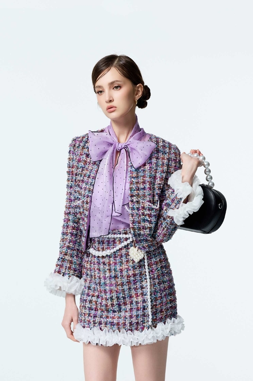 層次荷葉造型花呢紗短裙,短裙