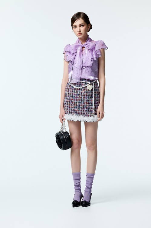 層次荷葉造型花呢紗短裙,短裙