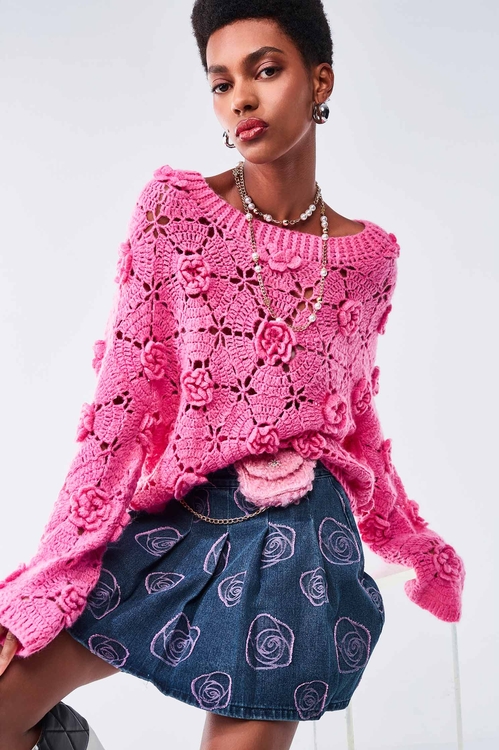 玫瑰花造型牛仔短裙,百褶短裙