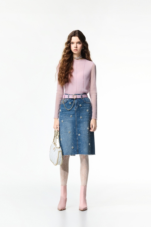 手工珍珠花瓣造型牛仔裙,牛仔裙