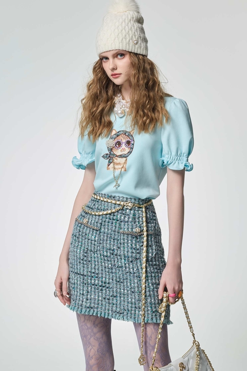 海藍寶石花呢紗短裙,短裙