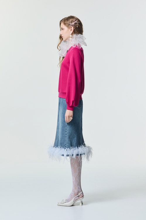 綴羽毛裝飾牛仔中長裙,牛仔裙