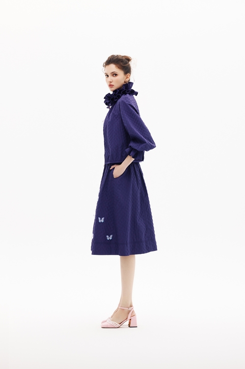 藍紫色立體褶皺中長裙,長裙