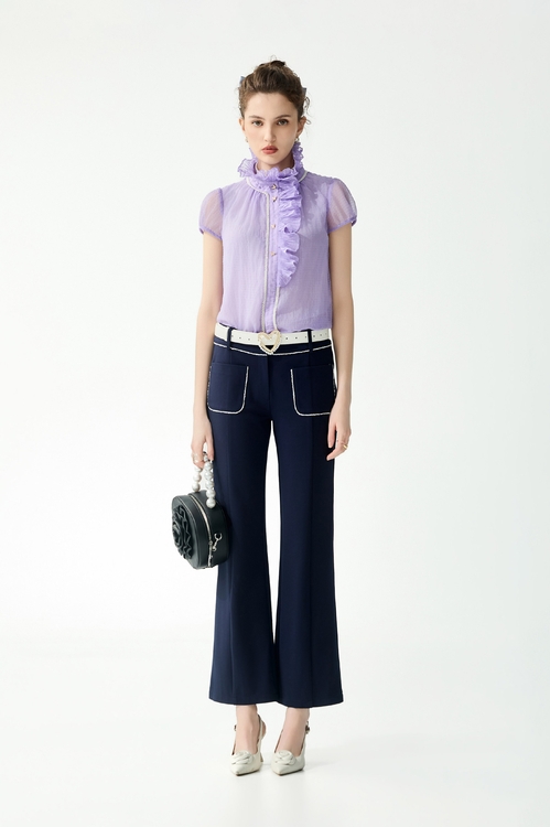 海軍藍鑲小珍珠邊長褲,褲子,褲子