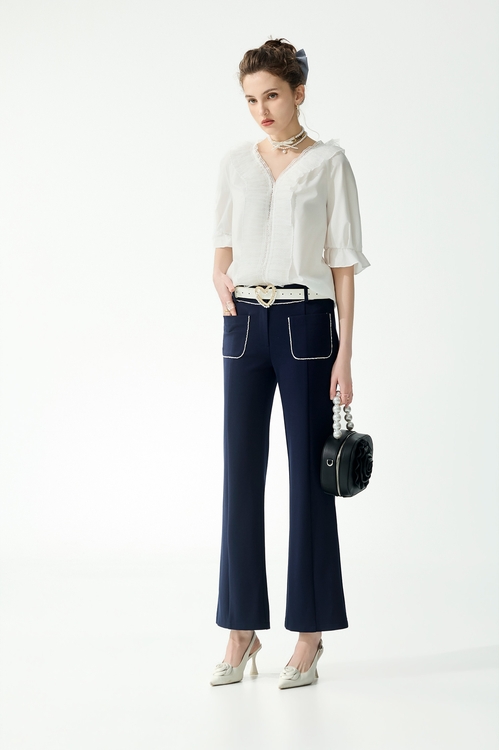 海軍藍鑲小珍珠邊長褲,褲子,褲子