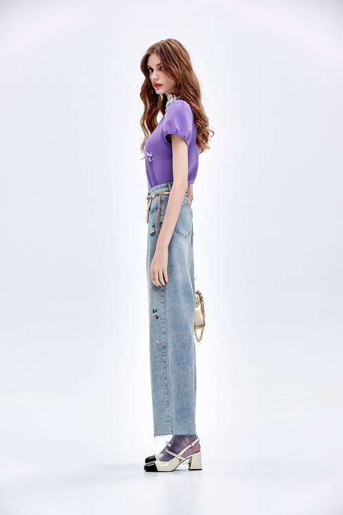 花朵刺繡閃亮牛仔寬褲,褲子