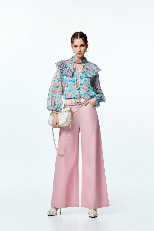 香囊粉覆膜牛仔長褲,褲子