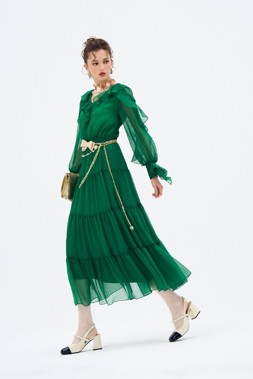 翡翠色飄逸長洋裝,長袖洋裝