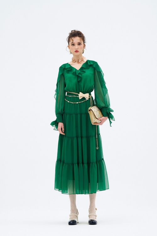 翡翠色飄逸長洋裝,長袖洋裝