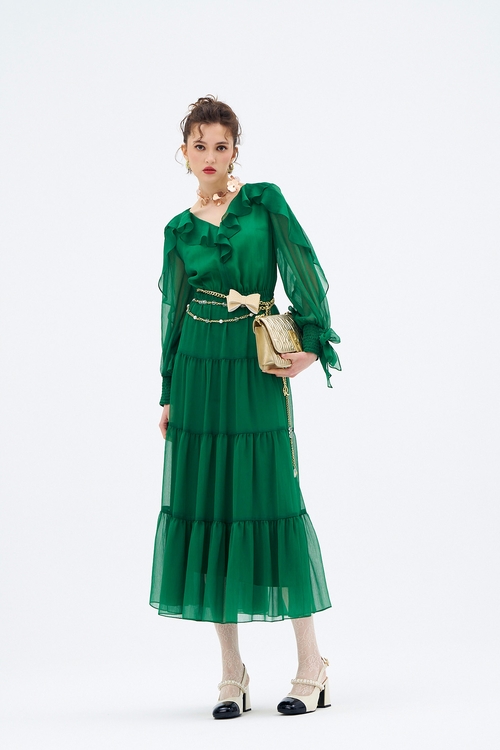 翡翠色飄逸長洋裝,長袖洋裝
