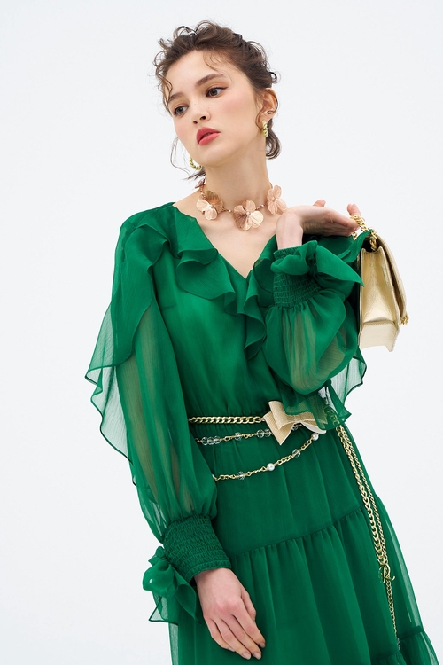 翡翠色飄逸長洋裝,長袖洋裝