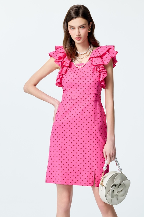 閃粉色點點荷葉洋裝,波點