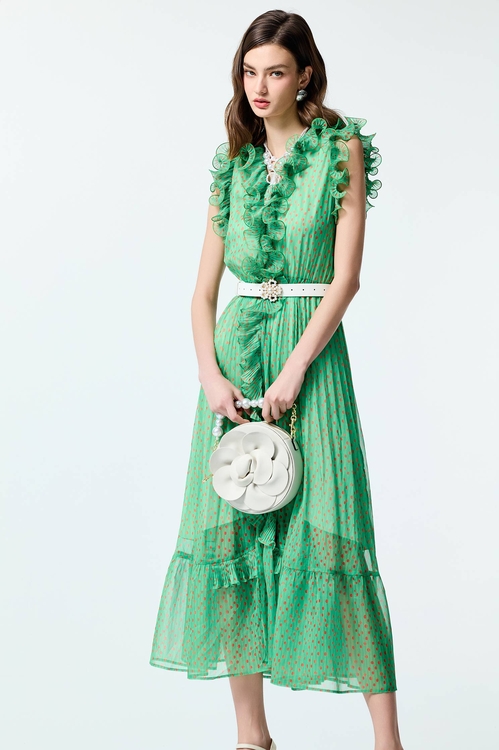 落日珊瑚點點雪紡禮服洋裝,V領洋裝