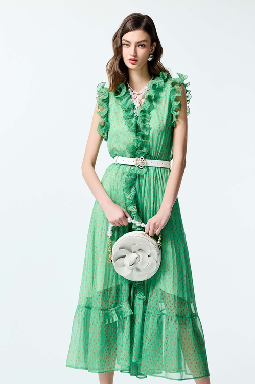 落日珊瑚點點雪紡禮服洋裝,V領洋裝